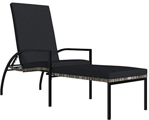 Lettino Prendisole con Poggiapiedi in Rattan PE Grigio, Sdraio da Giardino Regolabile con Schienale reclinabile, Letto da Esterno in Acciaio Zincato per Piscina, Balcone, Antracite 195x60x55-102 cm