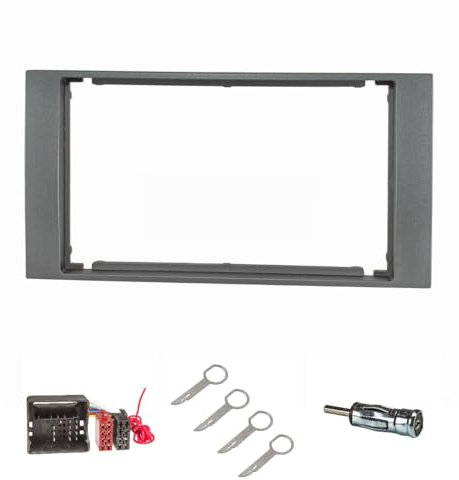 tomzz Audio 2415-136-2 Doppel DIN Radioblende Set kompatibel mit Ford Focus 2 Fiesta C-Max S-Max Galaxy Mondeo Kuga Transit dunkelsilber mit Quadlock ISO Antennenadapter ISO DIN Entrieg. Can-Bus
