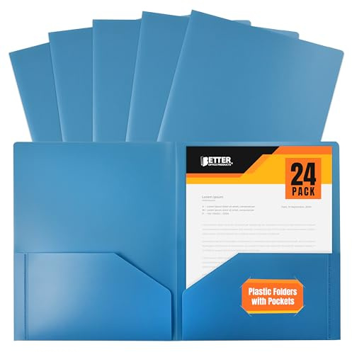 Better Office Products Heavyweight Light Blue Plastic 2 Pocket Portfolio Folder, 24 Pack, Letter Size Poly Folders, 24 Pack, Light Blue