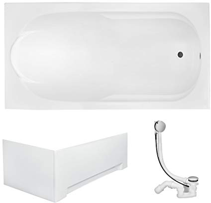 VBChome Badewanne 150x70 cm Acryl SET Schürze Siphon Wanne Rechteck Weiß Design Modern Ablaufgarnitur in Chrom Viega Simplex