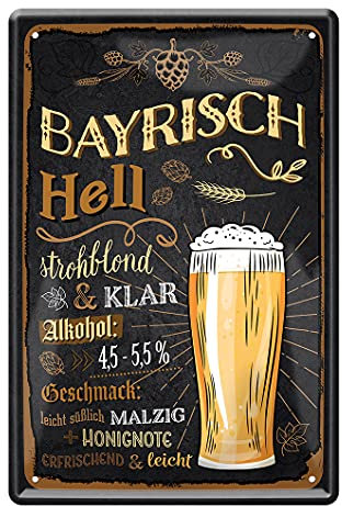 Bayrisch Hell Helles Bier Blechschild - Retro Deko Metallschild Zubehör Ausstattung für Bar Kneipe Theke Kellerbar Partyraum Partykeller Biergarten Man Cave - Bier Geschenke für Männer - 20x30cm