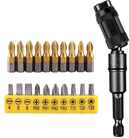 Mesee Pivoting Bit Tip Holder, Magnetic Drill Bit Holder Extension Rod 1/4 Quick Release Screw Drill Tip with 10 Types Screwdriver Bits & 10pcs Titanium Coated PH2 Phillips Screwdriver Bits