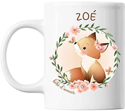 Planetee Mug Zoé Bébé d'amour Renard | Tasse prénom idée cadeau Humour Mignon pour enfant fille | Imprimé en France
