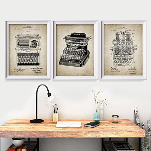 Jahrgang Schreibmaschine Patent Print Design Büro Wandkunst Bilder Dekor Schreibmaschine Vintage Leinwand Poster Leinwand Gemälde Rahmenlos 50×70cm×3pcs