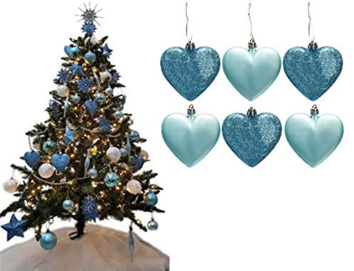 6pc Large Glitter & Matte Heart Baubles - Great Christmas Tree Decorations, Heart Baubles (Ice Blue)