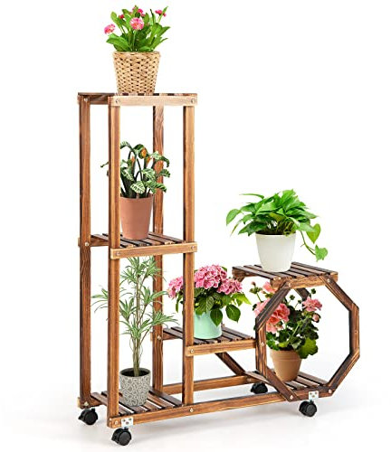 RELAX4LIFE Pflanzenständer Holz, Blumenregal auf Rollen, Blumenständer Mehrstöckig, Blumentreppe Freistehend, Pflanzentreppe für Balkon Terrasse Garten Wohnzimmer (87,5 x 29 x 102,5 cm)