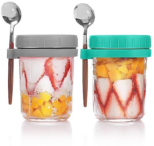 2Pcs Overnight Oats Container with Lid and Spoon Reusable Overnight Oats Jars 10 oz Large Capacity Wide Mouth Mason Jars with Measurement Marks Glass Breakfast Pot for Salads Yogurt Cereal Milk