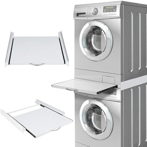 Metall Verbindungsrahmen mit Ausziehplatte, zubehör für Waschmaschine Trockner, 60x54cm, Universell Zwischenbaurahmen Zwischenbausatz für Wäschekorb, Weiß