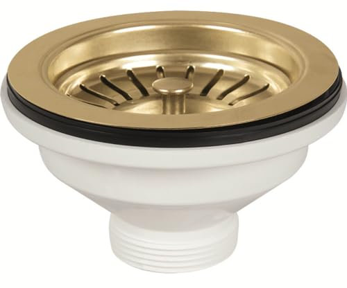 Schläfer 439728 | Piletta di Scarico per Lavabo Tipo Basket in PVD Oro, Senza Troppo Pieno, con Attacco da 11/2 e Foro da Ø 90mm, Pilettone Ø 114mm, Piletta Standard in Inox con Vite e Cestello