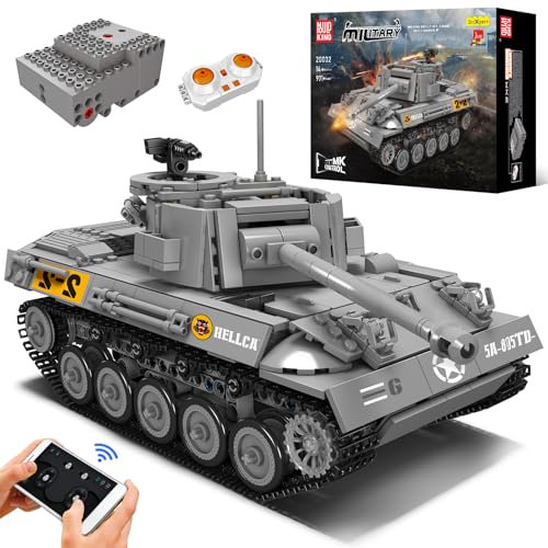 Mould King 20032 Technik Panzer Bausteine Modell, 971 Teile Ferngesteuert Tank Modellbauklötze Kit, Panzer Spielzeug Bausatz mit Fernbedienung und App Dual Control