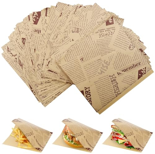 GXFCING Hamburgertüten aus Papier, 200 Blatt, Sandwich-Tüten, 18 x 18 cm, braunes Tagebuch, Öl- und Wasserbeständig, für Hamburger, Sandwiches, Frittierungen