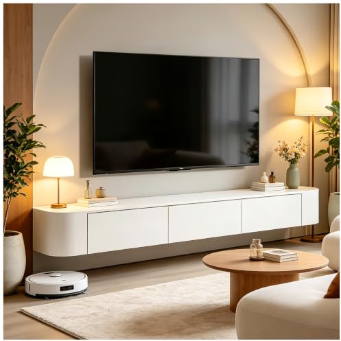 Hängend TV Schrank Weiß 200cm, Lowboard Hängend, mit 2 Schubladen & 1 Klappe, Fernsehschrank, Wandmontierte TV-Board, Hängendes TV-Konsole, TV Lowboard, Schwebender TV-Ständer, Floating TV Cabinet