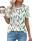 Chicrise Tshirt Damen Sommer Kurzarm Rundhals Tunika Elegant Pleated Strick Basic Casual Oberteile Buntes Blattmuster Groß 42-44