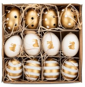 NaDeco Hühnereier, bemalt, 12 Stück, mit Hänger, in vielen Farben & mit verschiedenen Motiven erhältlich | Deko-Ostereier | Schöne Osterdeko zum Aufhängen, Farbe:Gold mit Motiven