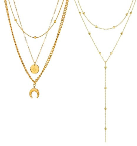ClcIosis 2 Stücke Lange Kette Damen, Y Kette Gold Modeschmuck Halskette Mit Sonne und Mond-Anhänger Elegante Halskette für Frauen Stilvolles Accessoire für Abend Und Alltag