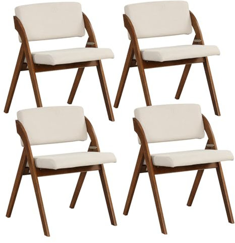 RELAX4LIFE Lot de 4 Chaise Pliante Bois, Chaise Salle a Manger avec Siège Rembourré, Housse en Lin, Chaise Pliable Interieur, Peu Encombrante, pour Cuisine, Salle à Manger, Bureau (2, Noyer+Beige)
