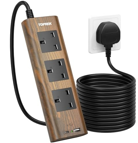 TOPREK Wood Grain 3 Way Extension Lead with USB Slots, 3M Extension Cable | Surge Protection, ON/OFF Switch, 13A/3250W Wall Mount Plug Extension Socket for Home Kitchen Office