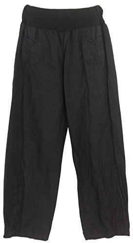 Vexcon Damen Hose/Leinenhose aus luftigem angenehm zu tragendem Leinen, bequemer Schnitt, Gummibund, 2 aufgesetzte Taschen vorne, Größen S – 5XL, Made in Italy