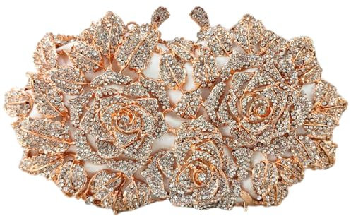 Boutique De FGG Dazzling Flower Evening Bags For Women Formal Party Rhinestone Handbags Wedding Crystal Clutch Purses, Rose Gold, M