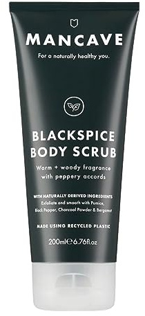 ManCave Blackspice Körperpeeling 200ml für Männer, warmes & holziges Aroma, Peeling & Reinigen der Haut, natürliche Formel, veganfreundlich, Tube aus recycelten Kunststoffen