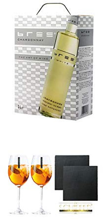 Bree Chardonnay 3,0 Liter + Scavi & Ray Wein Glas 2 Stück + Schiefer Glasuntersetzer eckig ca. 9,5 cm Ø 2 Stück