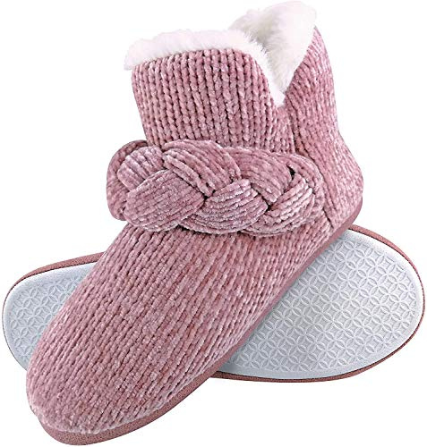 DUNLOP - Ladies Knitted Warm Fleece Plush Slippers Booties in Grey Fairisle and Pink Cord Styles (Pink, 6, UK Footwear Size System, Adult, Women, Numeric, Medium, 6)