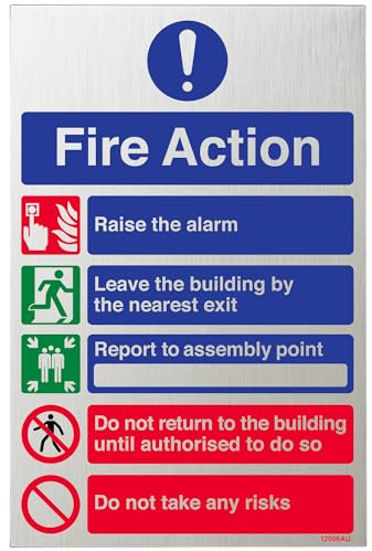 V Safety General Fire Action 5 Message Risks Sign - 200mm x 300mm - 3mm Brushed Alu Comp