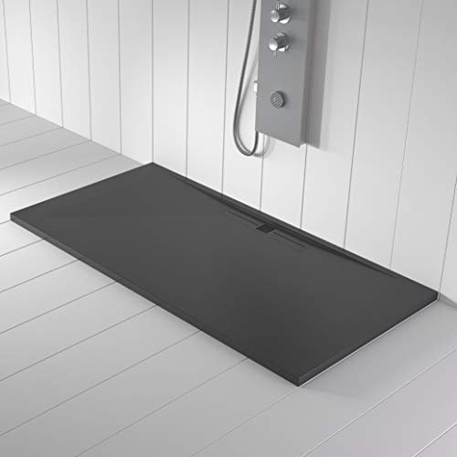 Piatto doccia in marmoresina, color antracite RAL7011 scarico laterale, superficie ad effetto pietra ardesia, serie Nizza, slim 3 cm, rivestito di Gelcoat, antiscivolo