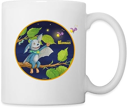 Spreadshirt KiKA-Baumhaus mit Fidi Sitzt auf Ast Tasse, One size, Weiß