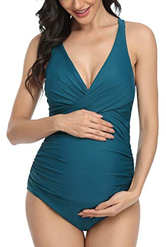 EastElegant Maternité Maillots De Bain Une Pièce Grossesse Avant Cross Maillots De Bain avec Bretelles Réglables(Paon Bleu,Small)