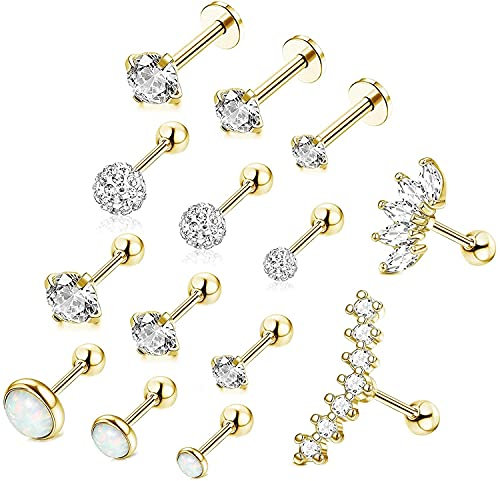 LOLIAS 14 Stücke 16G Piercing Ohr Helix Tragus Piercings Ohrringe Set für Damen Edelstahl Flat Piercing Gold Piercing Knorpel Ohrringe Ohrstecker Helix Piercing Schmuck Gold/Silber/Roségold
