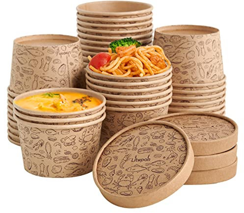 LITOPAK 50 Pack 8oz Paper Containers with Vented Lids, Kraft Paper Food Cups, Soup Containers Cups With Lids，Disposable Soup Bowls For Hot Soup For Storing Food Or Carrying Out.