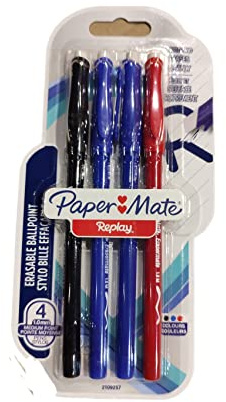 PAPER MATE Radierbare Kulli REPLAY 4er blau/schwarz/rot M 1.0mm Blister