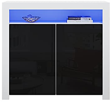 Panana Sideboard Cabinet with Doors Shelves High Gloss Fronts Storage Cupboard with RGB LED Lights Lighting Living Room Dining Room Furniture (White and Black)