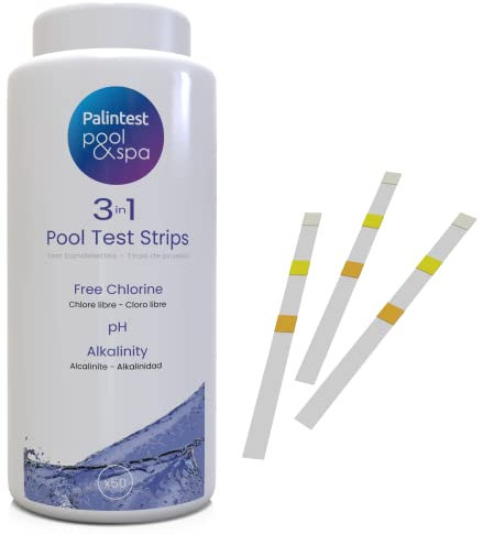 Palintest Premium 3-in-1 Pool- und Spa-Teststreifen zum Testen von Whirlpools, Wannen, Pools und Wasser, Chemikalientests für Chlor, pH-Wert und Alkalinität (3-in-1-50 Teststreifen)