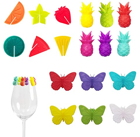 PMELCXD 18 Pezzi segnabicchieri Silicone marcatori per Bicchieri Frutta di Vino per Feste segnabicchier Farfalla con Ventosa identificativi per vetri riutilizzabili marcatori per Vino