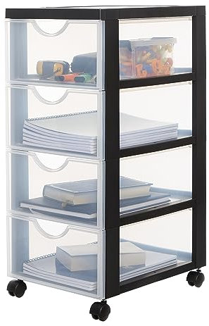 Iris Ohyama Kunststoff-Schubladenbox mit Rollen, 4 flachen Schubladen, Schwarz, Griffe zum Ziehen, Für Schlafzimmer, Schule & Büro, BPA-frei, Schubladenschrank, Rollcontainer, A4 Drawer, DDDC-004