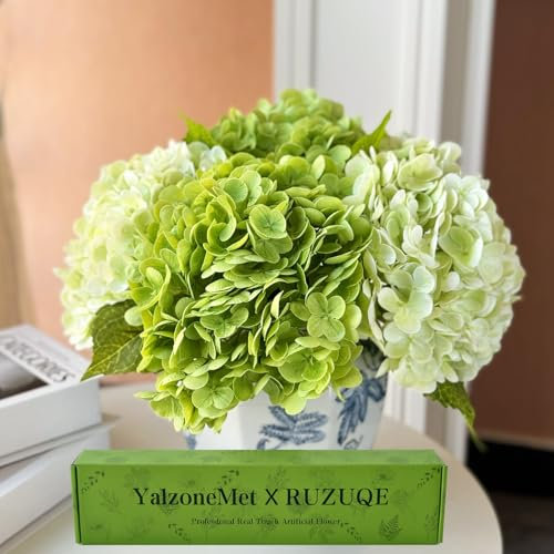 YalzoneMet Hortensien, künstliche Blumen, natürlich, lebensecht, 53,3 cm, Latex, Langer Stiel, 2 hellgrüne + 2 dunkelgrüne Hortensien, Blumensträuße für Zuhause, Party, Outdoor, Hochzeit,