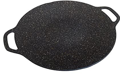 BBQ Grillpfanne Ø 33 cm aus Dickem Gusseisen, Cookware Pfanne für Campingkocher, Flache Pfannkuchen Grillplatte, Gusspfanne, Gusseiserne Pfanne
