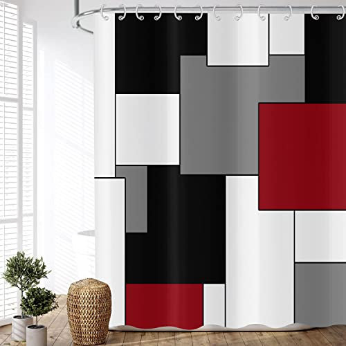ASDCXZ Duschvorhang Rot 150x180 cm, Modern Abstrakt Geometrie Rot Schwarz Grau Weiß Wasserdicht Textil Bad Duschvorhänge Waschbar Polyester Stoff Duschvorhang für Badewanne mit 12 Duschvorhang Hake