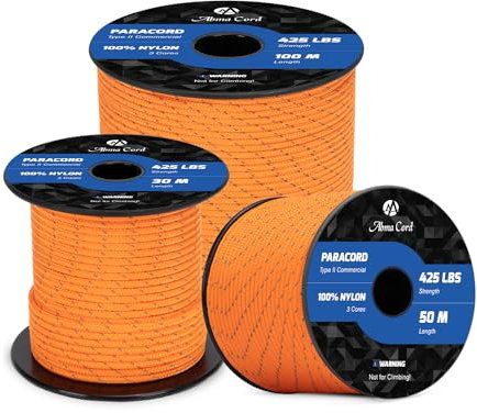 Abma Cord Paracord 3mm 100M 100% Nylon Seil Paracord 425 Typ II Schnur mit 3 Kern für Basteln, Camping, Survival - Max. 192kg (425lbs) - Reflektierende Orange