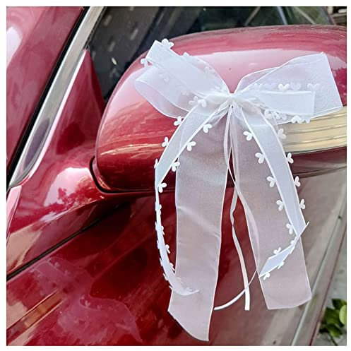SHTGOI 10 Stück Autoschleifen Hochzeit Antennenschleifen Organza Schleifen Auto Satinband mit Herzen Autoschmuck für Auto Hochzeit Deko Tischdeko Zimmerdeko Geschenverpackung Weiß 2#
