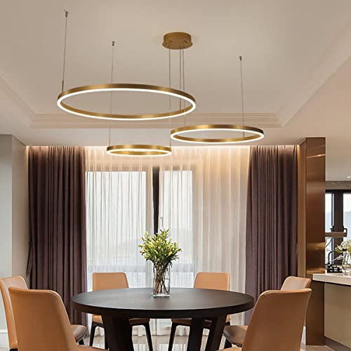 Bellastein Modern Ring Hängelampe Höhenverstellbar Kronleuchter Dimmbar mit Fernbedienung Deckenleuchte Esstisch Pendellampe (Gold, 3-Ringe:D40+60+80cm)