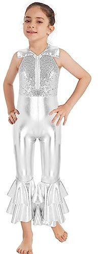 winying Kinder Pailletten Sportbody Ganzkörperanzug Mädchen Metallic Gymnastikanzug Jumpsuit Body Ärmellos Einteiler Tanzbody Overall Silber 134-140