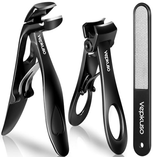 Vepkuso Nail Clippers for Seniors, Wide Jaw Fingernail Clippers and Angled Head Toenail Clippers for Thick Nail, Stainless Steel Professional Nail Cutter with File for Men, Women&Pregnant，Black
