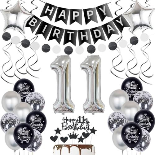 Silber 11. Geburtstag Dekoration Luftballon 11 Jahre Junge Mädchen Geburtstagsdeko 11 Jahre Junge Schwarz Ballon 11 Geburtstag Deko Schwarz Silber Mädchen Junge 11 Geburtstag Tortendeko