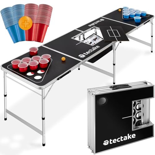 TecTake® Tavolo da Beer Pong, Pieghevole con Maniglia, Kit Completo Bicchieri Multicolor e Palline, Beer Pong Set, Kit Feste, Giochi Alcolici, Regali Divertenti, Giochi per Festa - 235 x 60 x 70 cm