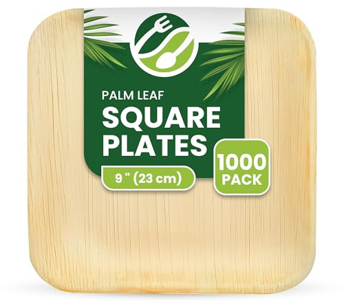 ECO Leaf 1000 Pack Disposable Palm Leaf Plates – 9(23cm) Large Square Compostable, Eco-Friendly, Biodegradable Heavy-Duty Bamboo Plates for Weddings, Parties and Picnics, Oven Safe