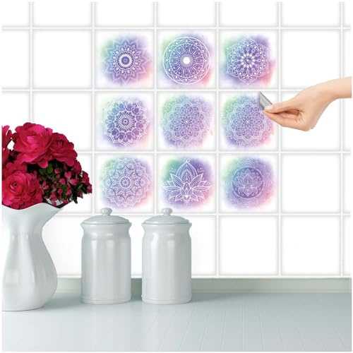 FoLIESEN Fliesenaufkleber für Bad, Küche, Badezimmer - Fliesen-Folie selbstklebend - Deko-Aufkleber - Mandala Freedom, .:10x10 cm - 9-tlg.