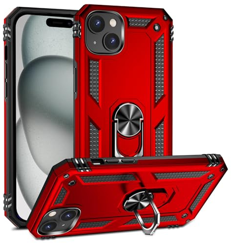 BestST Handyhülle für iPhone 15 Plus 6.7 + Displayschutz, Cover für iPhone 15 Plus 6.7 hülle, 360 Grad Drehbar Ringhalter Handytasche Case für iPhone 15 Plus 6.7 Handy Hüllen,Rot